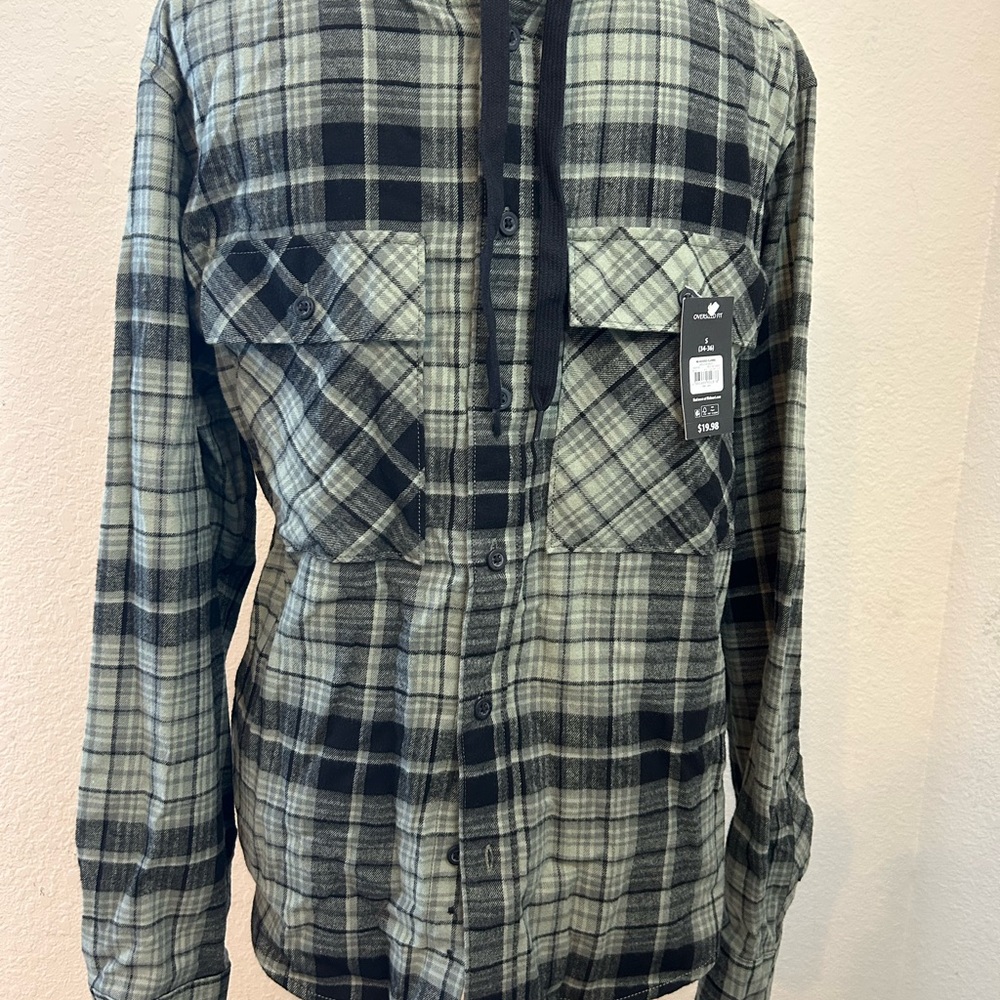 No Boundaries Black Green Gray Plaid Oversized Hooded‎ Shirt Small 34 36